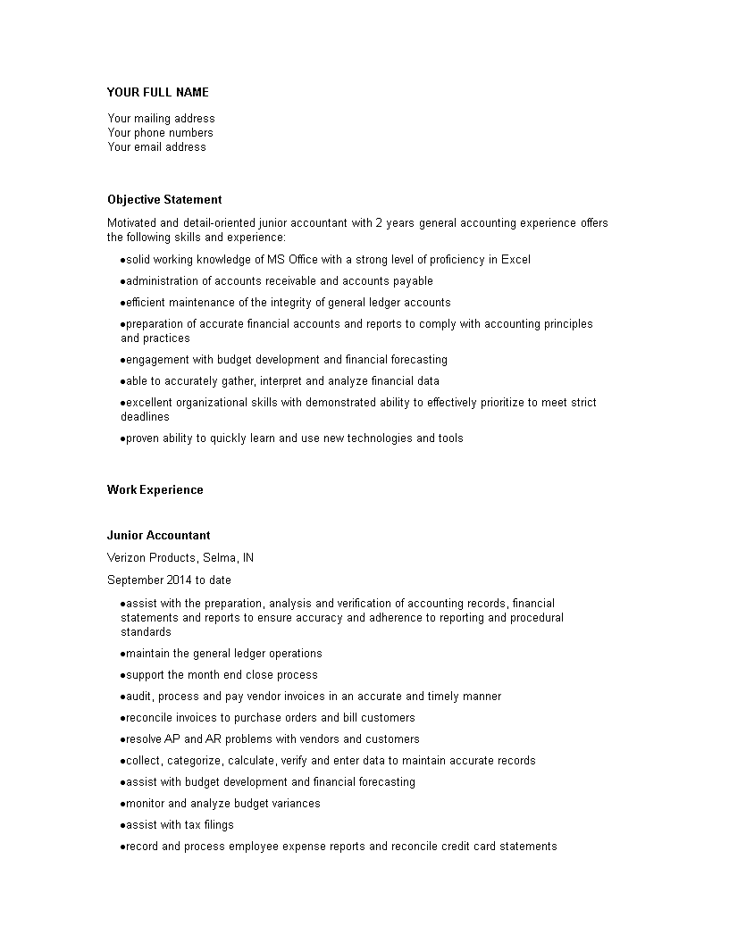 Junior Corporate Accountant Resume main image