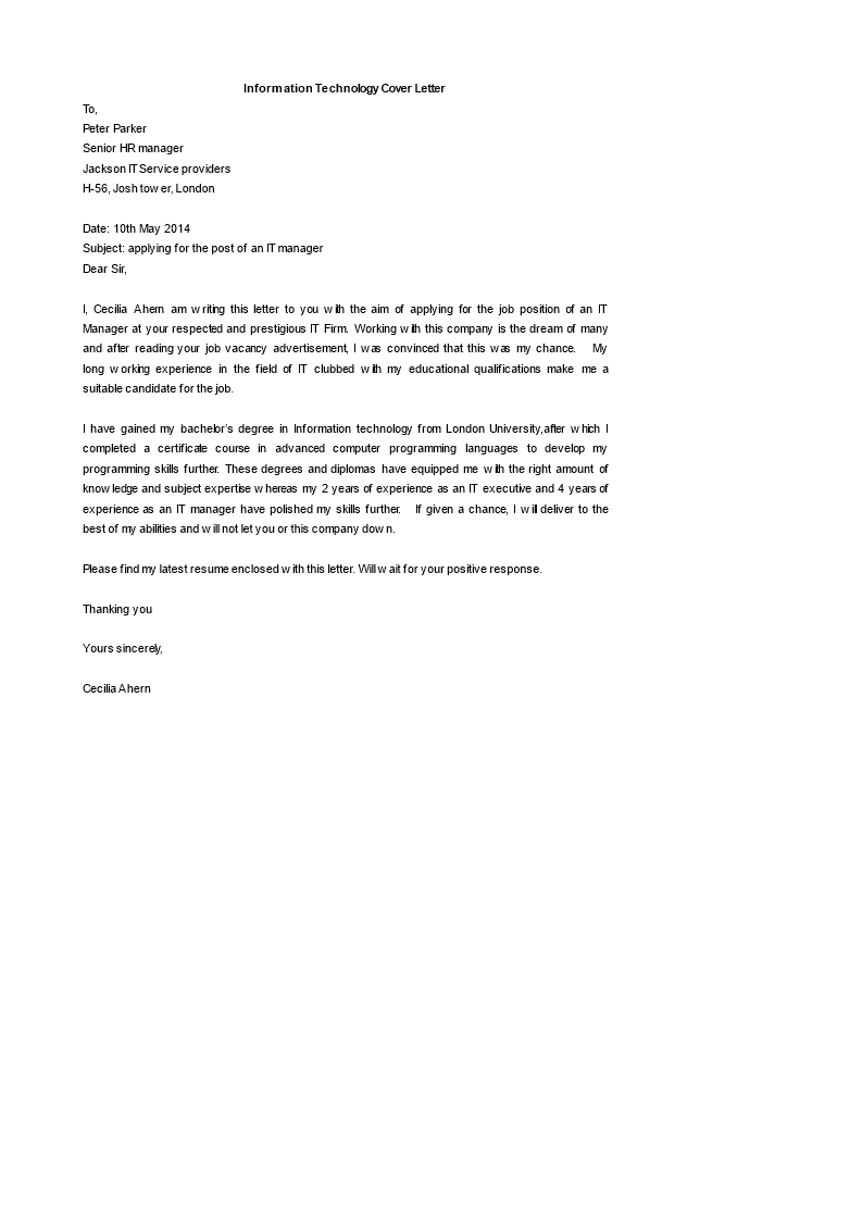 Information Technology Cover Letter main image