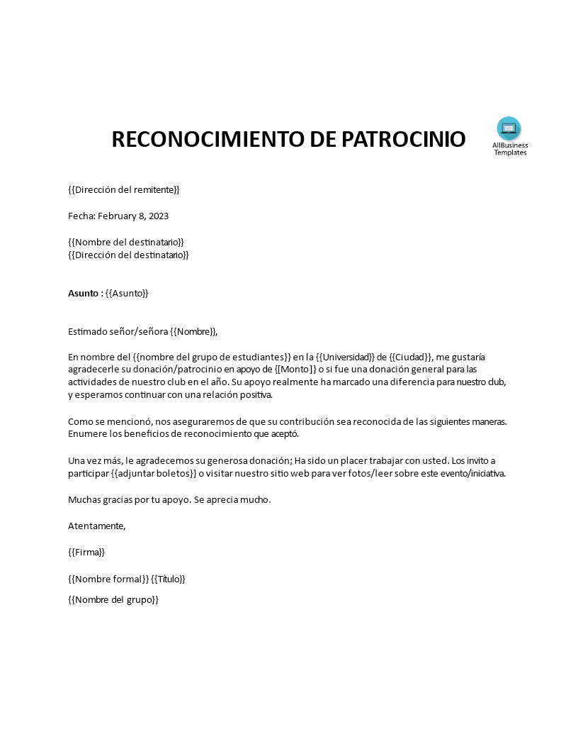 carta de agradecimiento de donación del patrocinador modèles