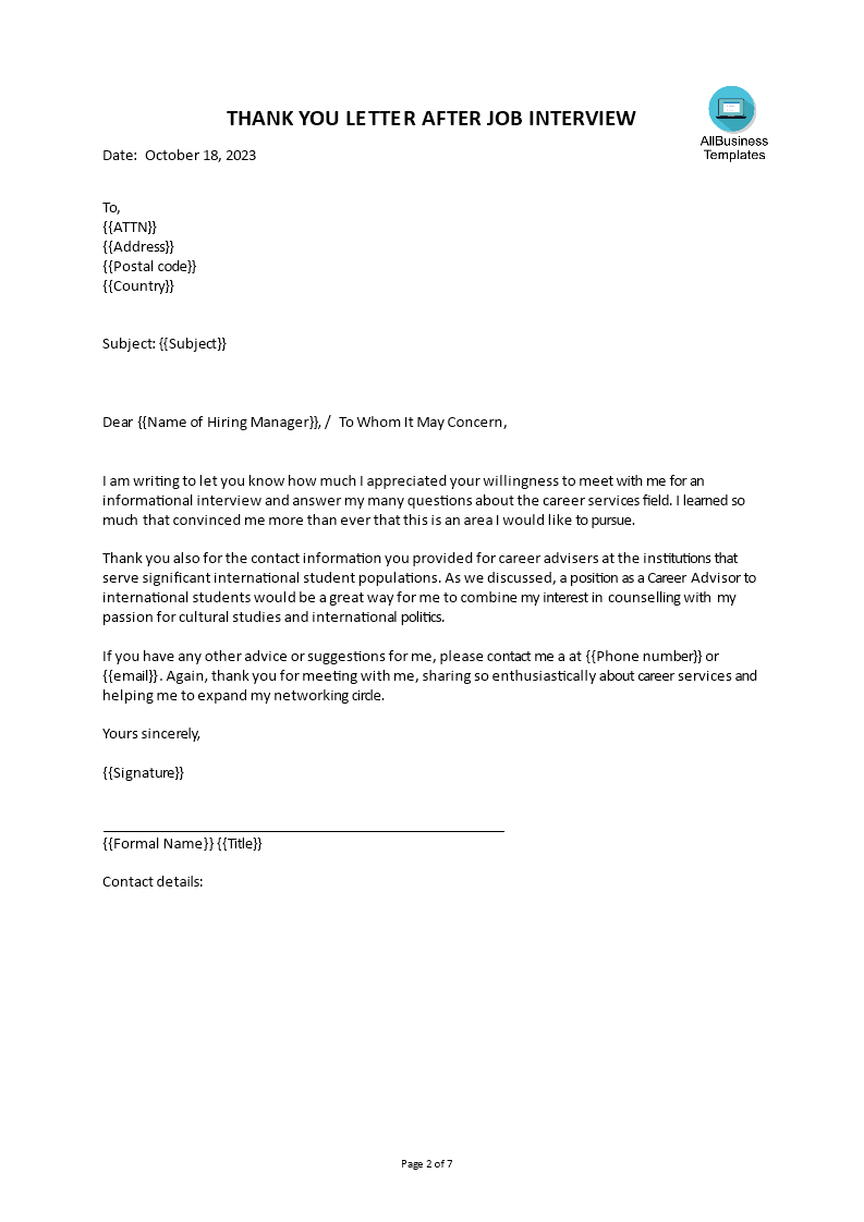 Post Interview Thank You Letter To Recruiter Templates at