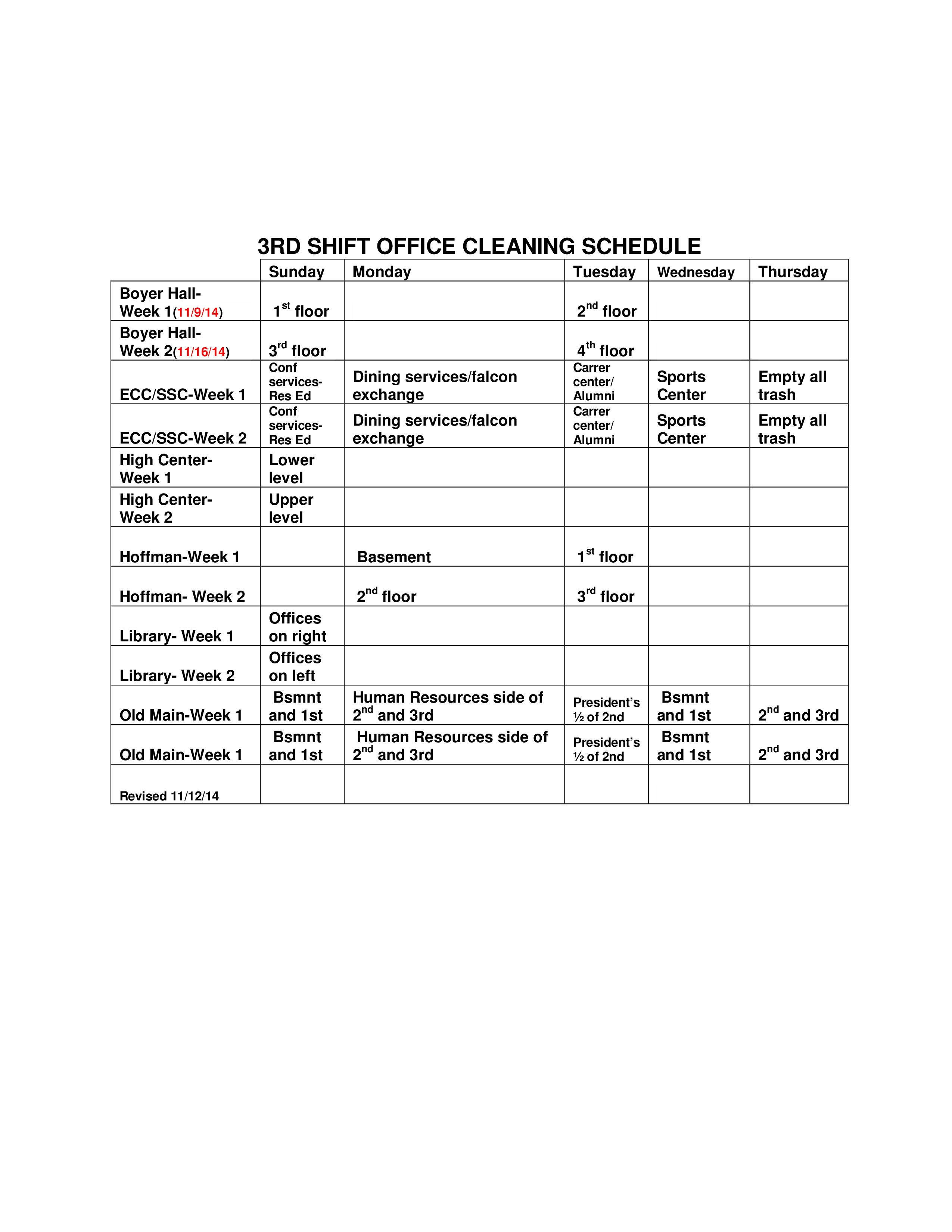 shift office cleaning schedule template