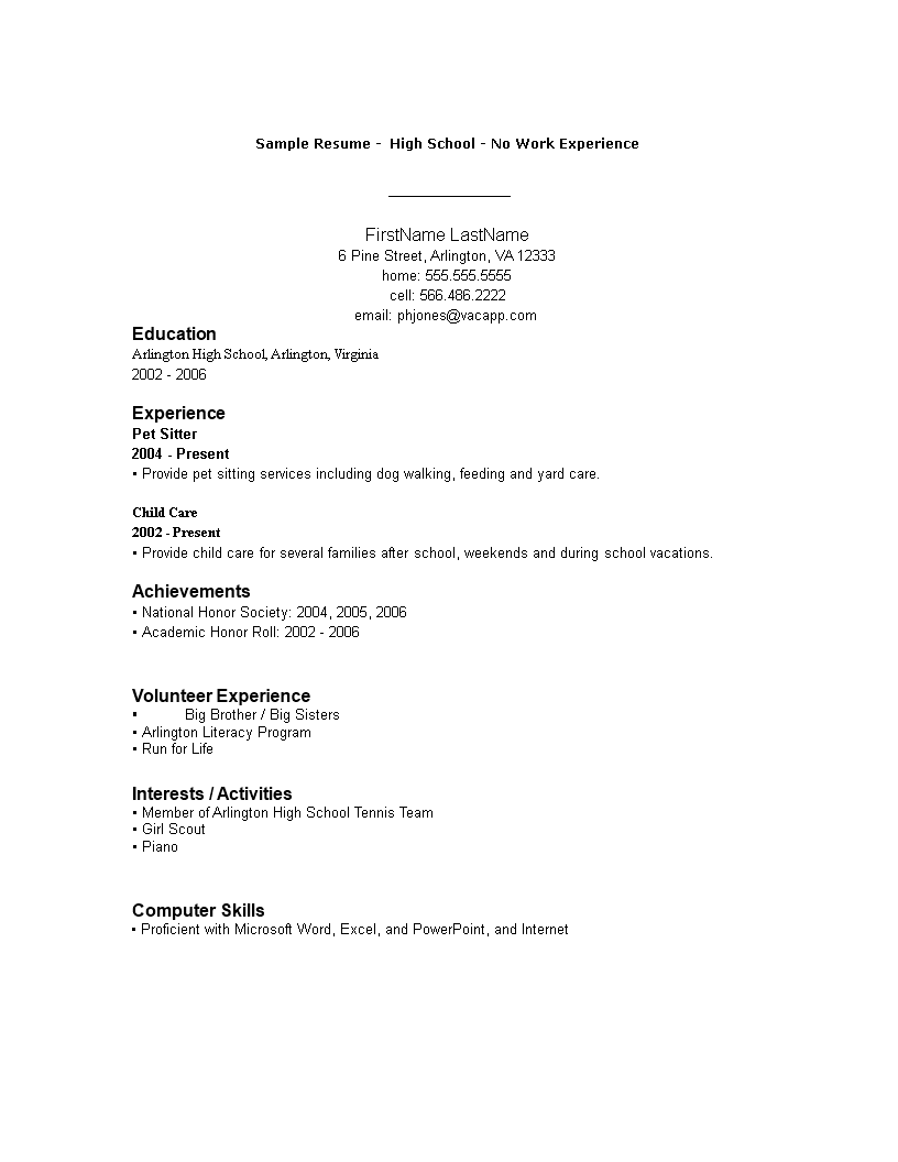 high school resume no work experience template