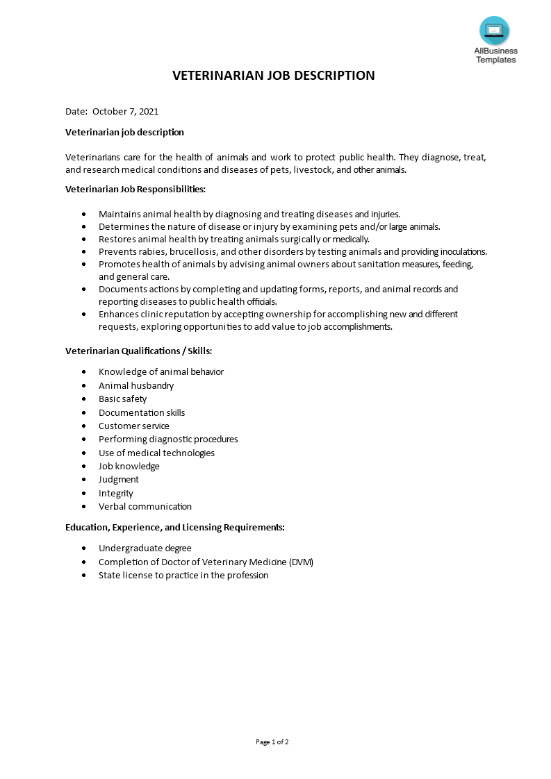 veterinarian job description template