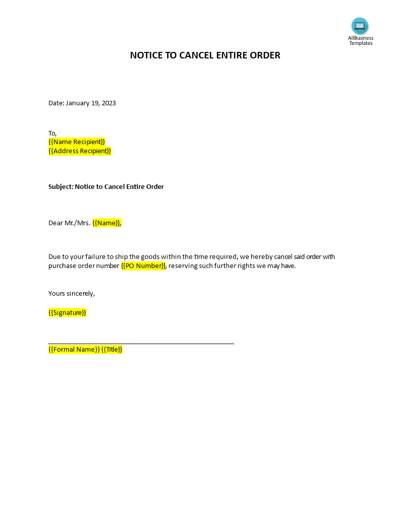 cancel entire order notification template