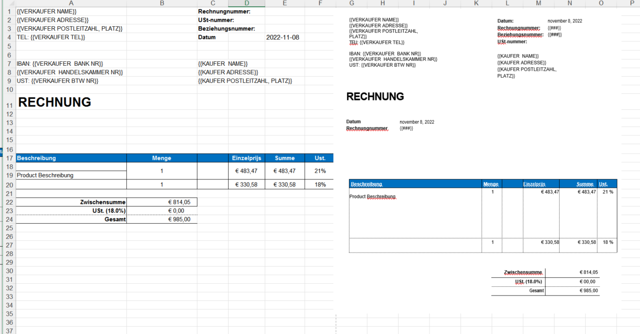 rechnungsvorlage excel voorbeeld afbeelding 