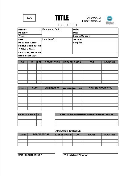 blank call sheet voorbeeld afbeelding 