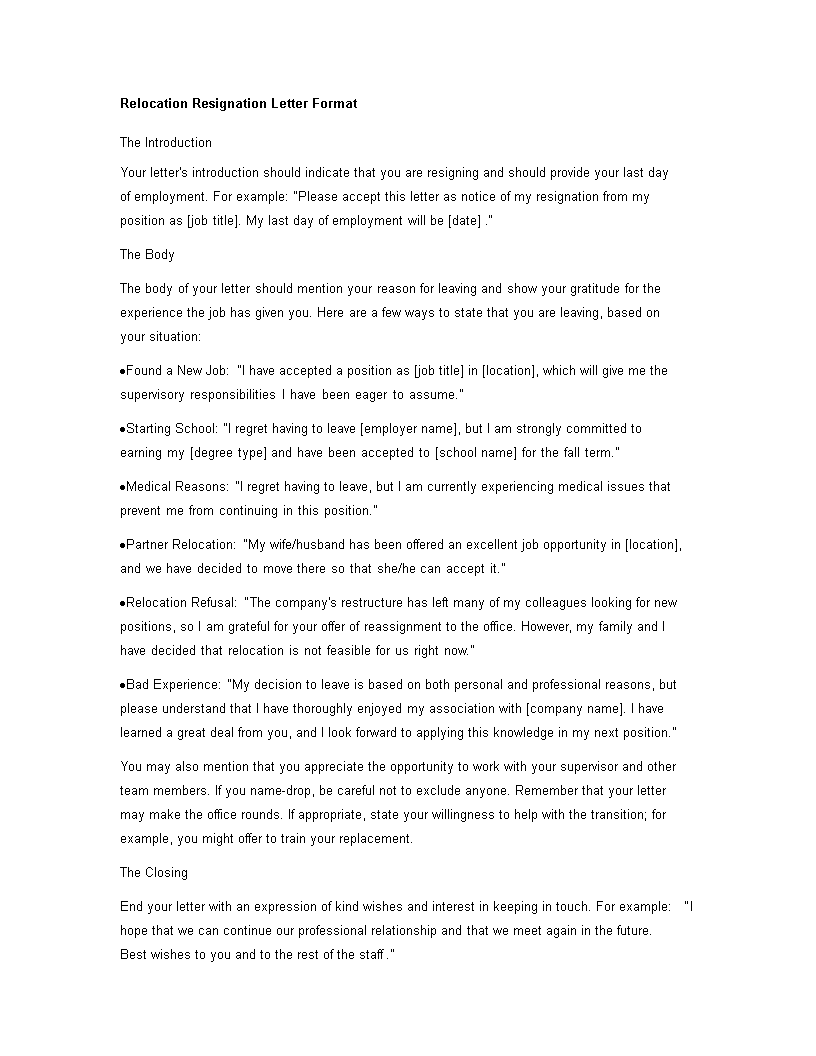 relocation resignation letter format template