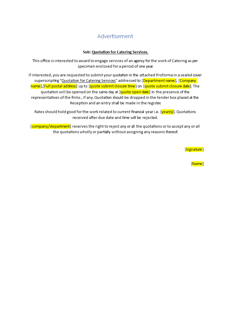 catering service quotation request template