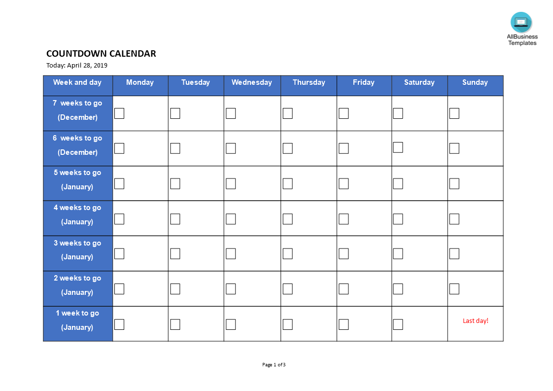 Printable Countdown Calendar main image