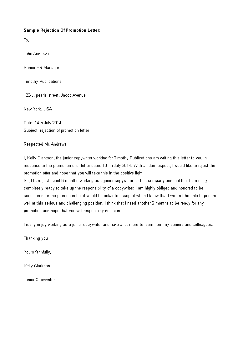 job promotion refusal letter template