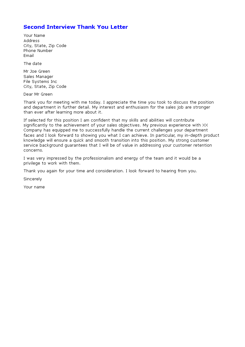 thank you for the second interview letter samples template