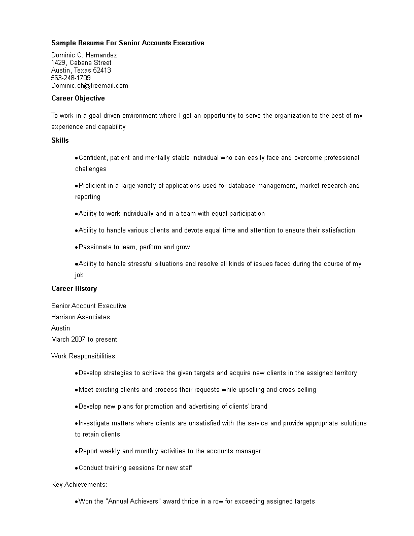 sample resume for senior accounts executive modèles