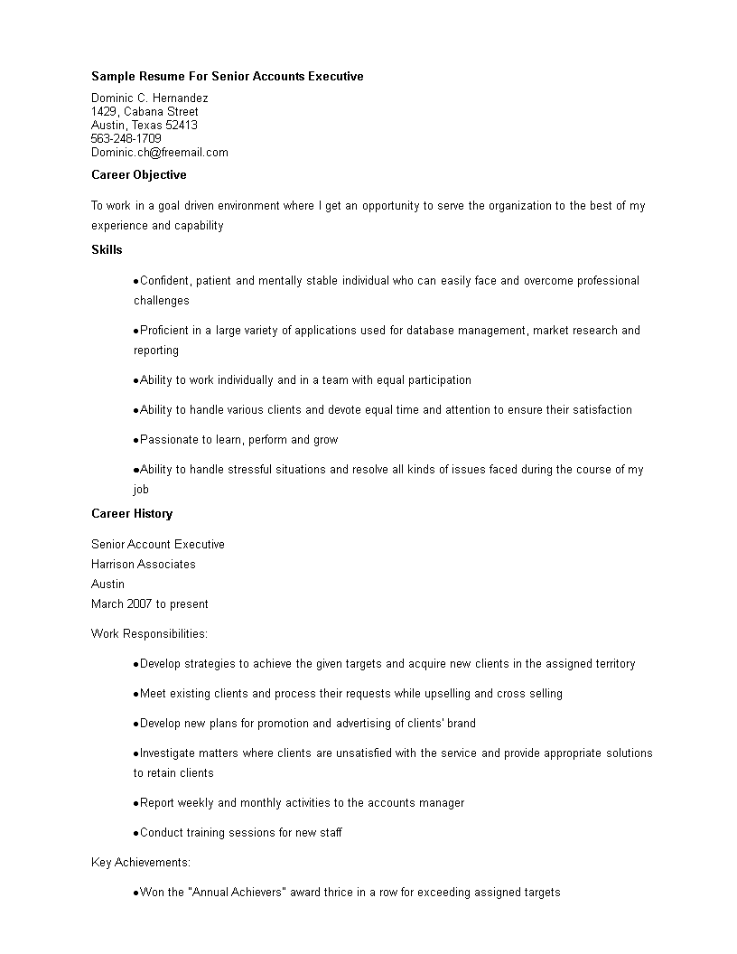 sample resume for senior accounts executive template