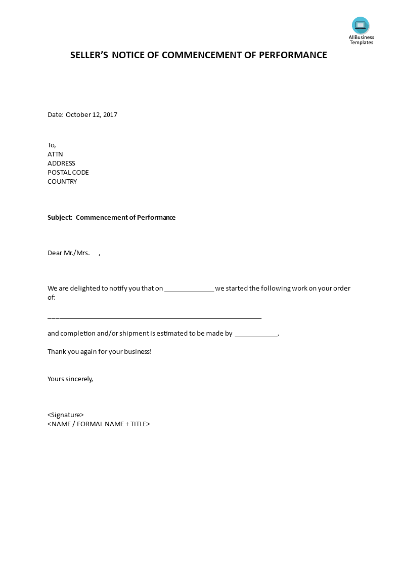 Sellers Notice Of Commencement Of Performance main image