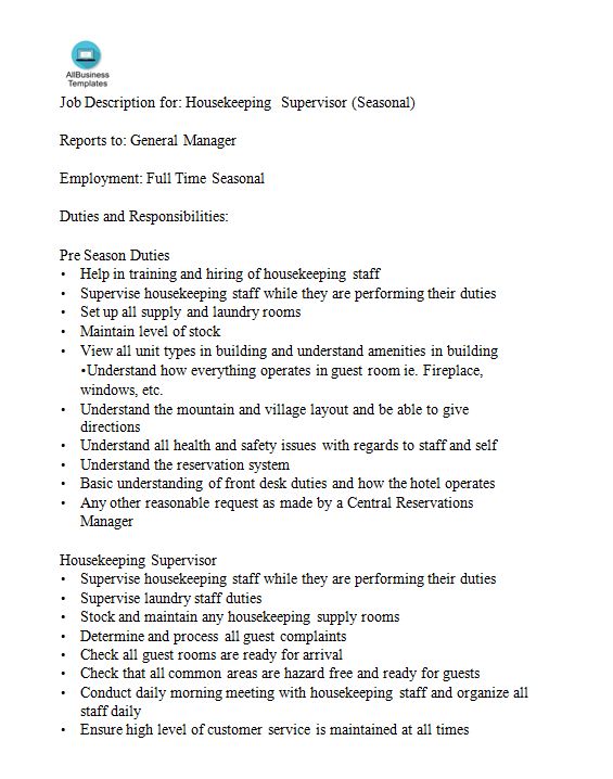 HouseKeeping Supervisor Job Description main image