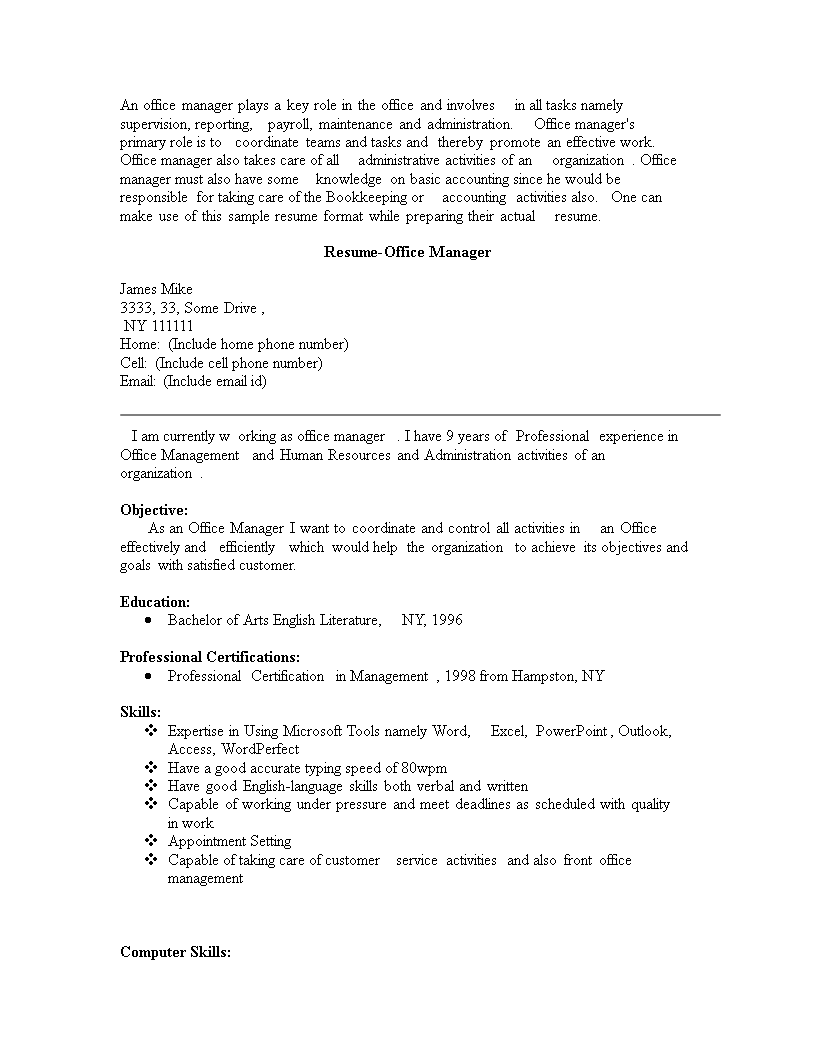 Front Office Manager Resume 模板