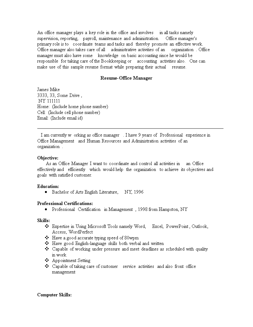 front office manager resume plantilla imagen principal