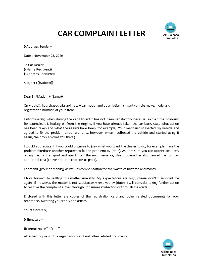 complaint against car dealer voorbeeld afbeelding 