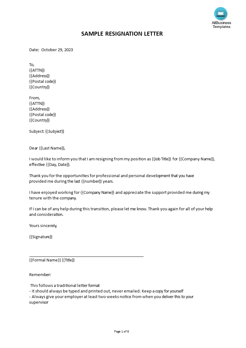 Short Resignation Letter  Templates at allbusinesstemplates.com