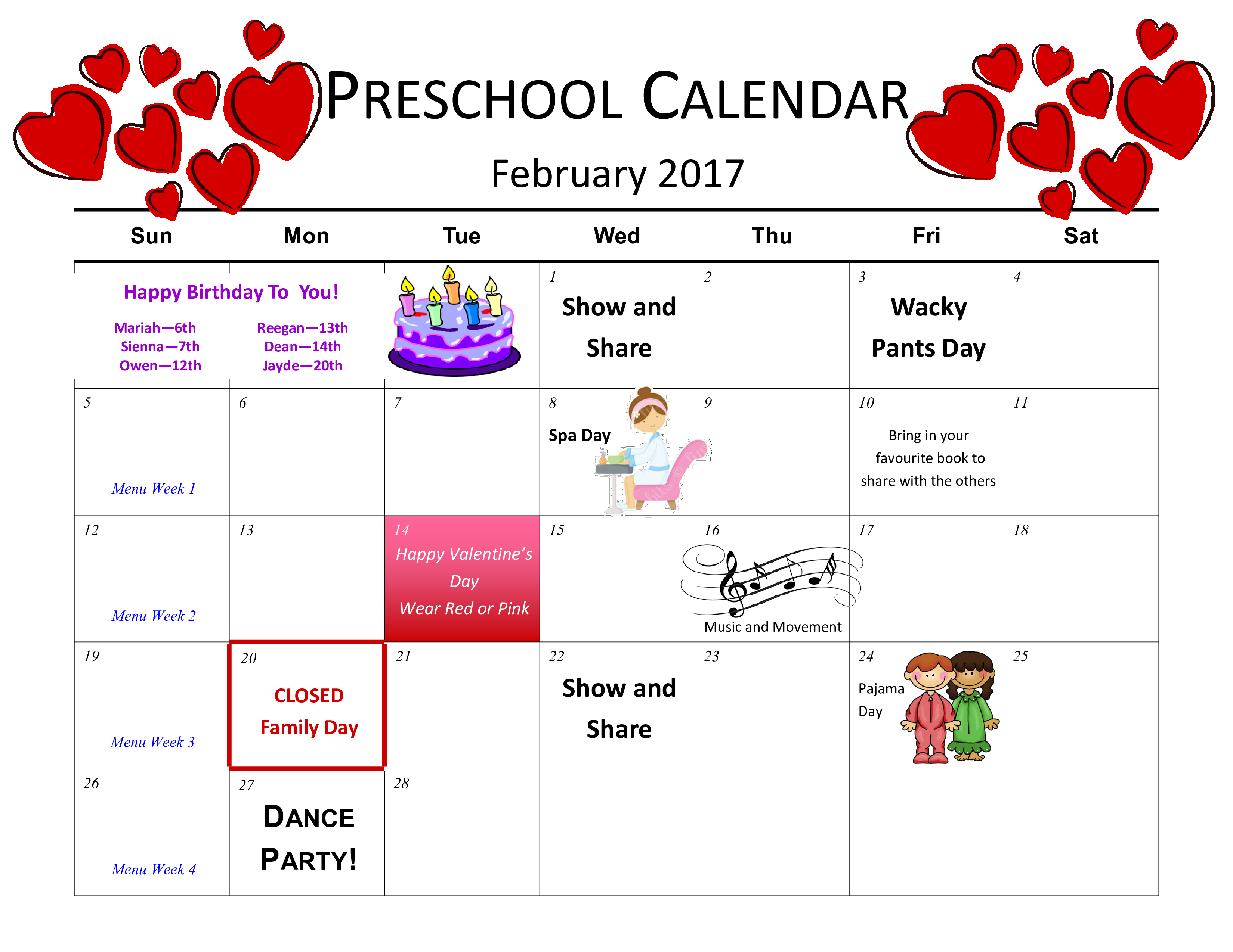 preschool birthday calendar template