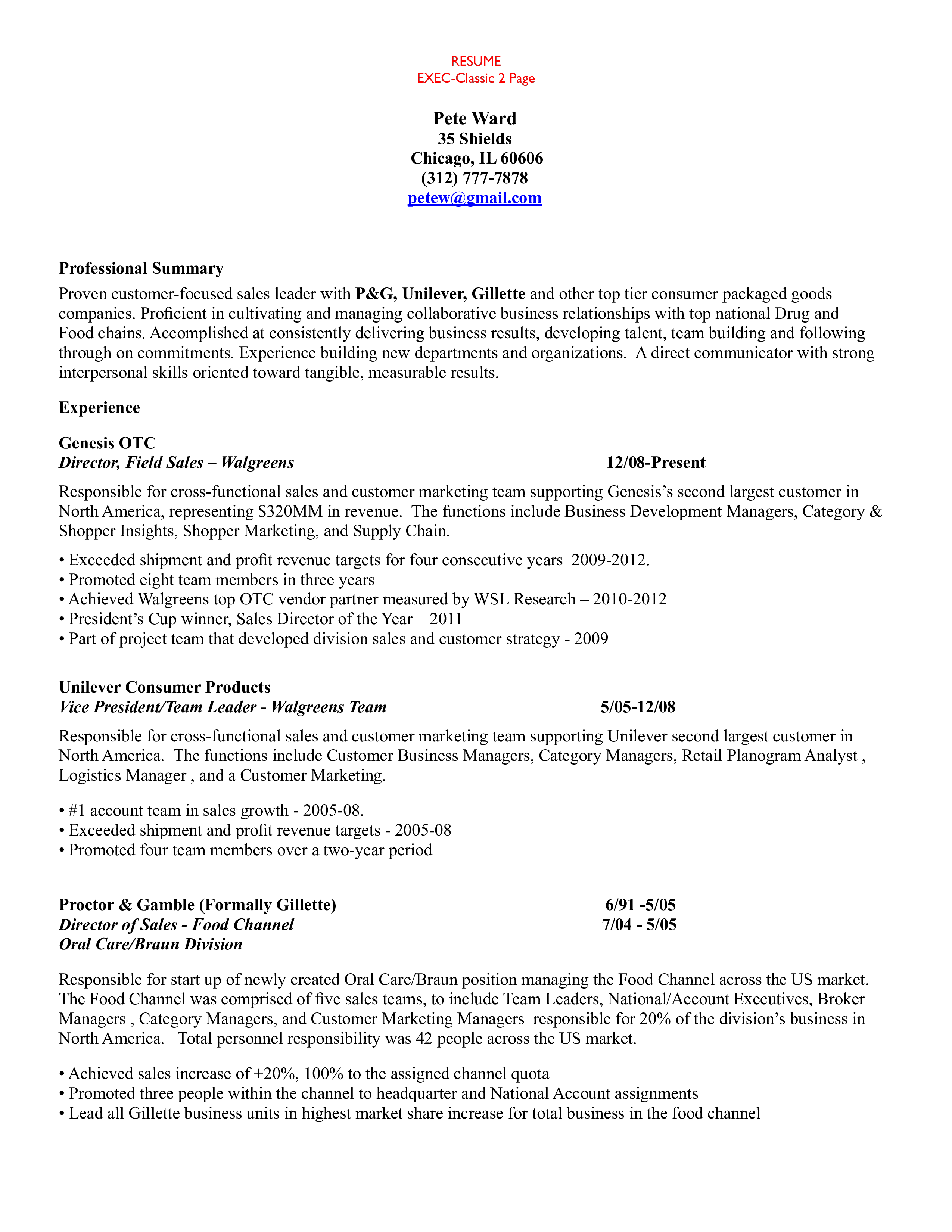 Customer focused Sales leader Consumer packaged goods Sales Resume 模板