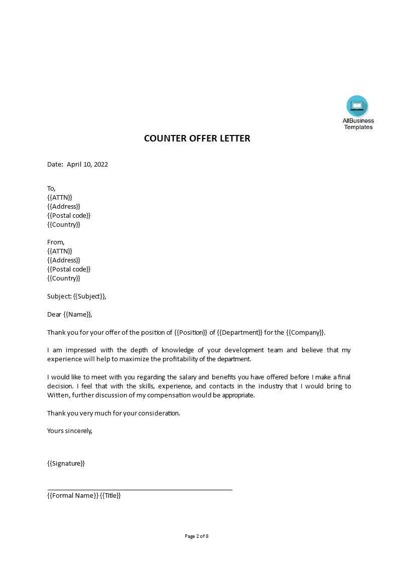 Salary Counter Offer Letter Template main image