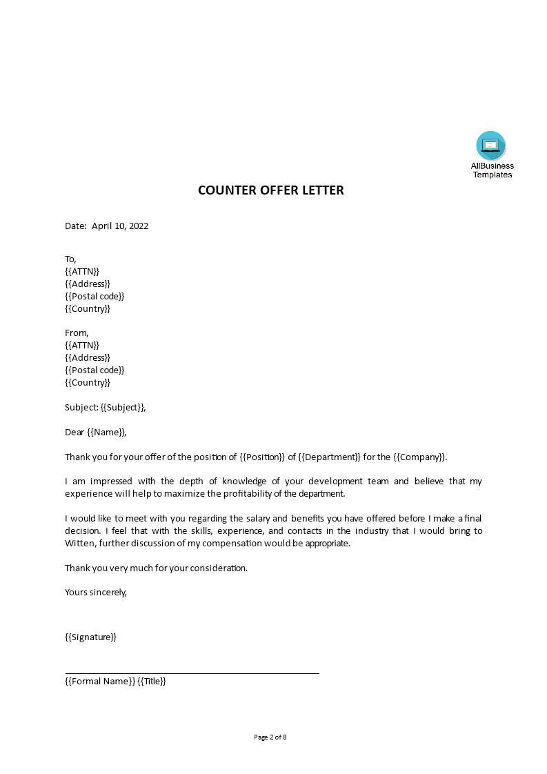 salary counter offer letter template voorbeeld afbeelding 