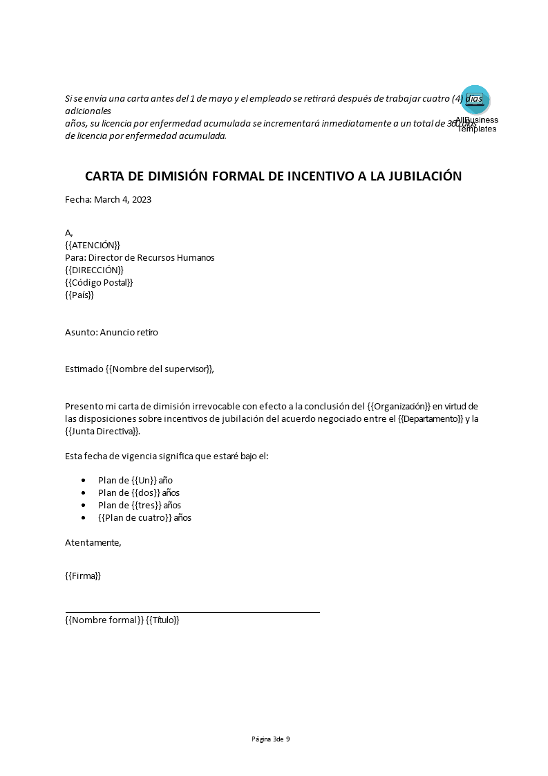 carta de dimisión formal de incentivo a la jubilación Hauptschablonenbild