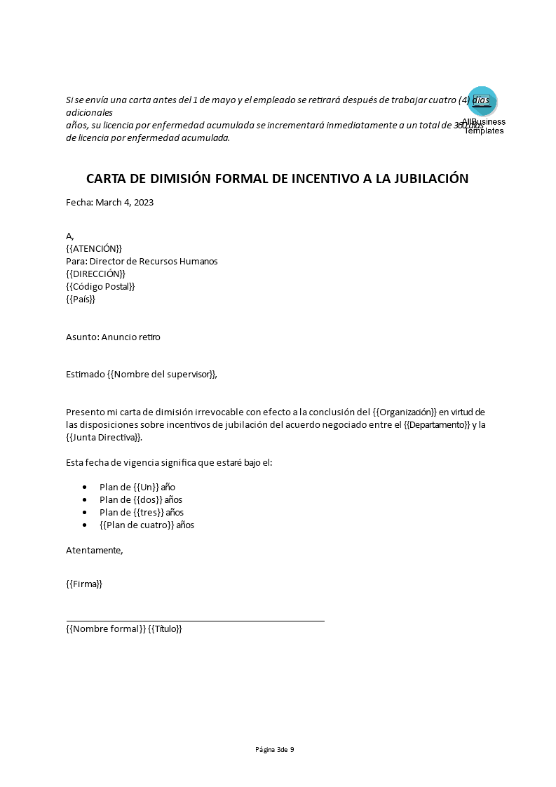 carta de dimisión formal de incentivo a la jubilación template