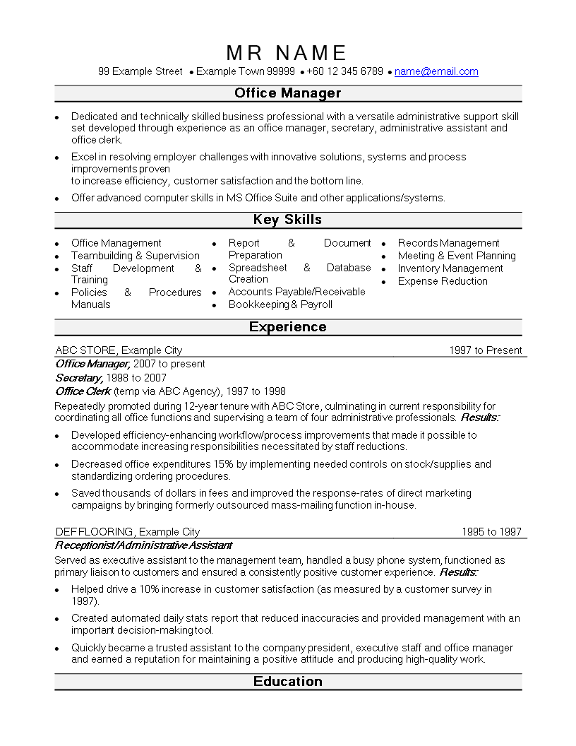 office manager curriculum vitae modèles