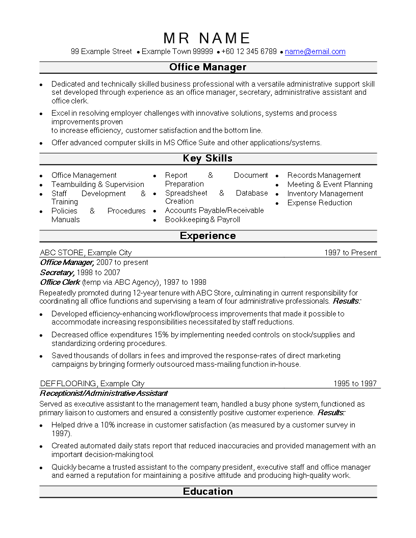 office manager curriculum vitae voorbeeld afbeelding 