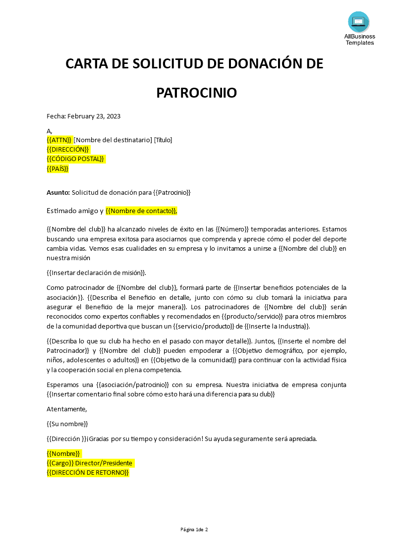 solicitud de carta de donación de patrocinio modèles