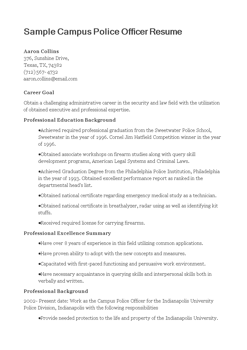 campus police officer resume template