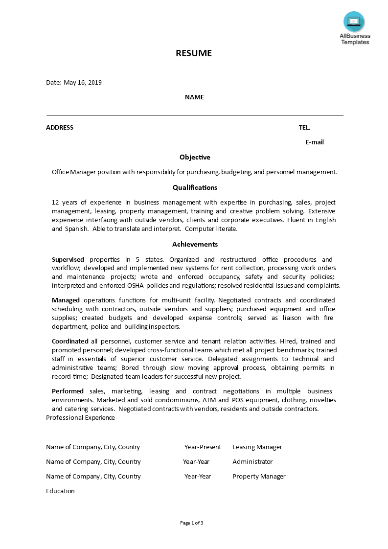 office manager skills resume modèles