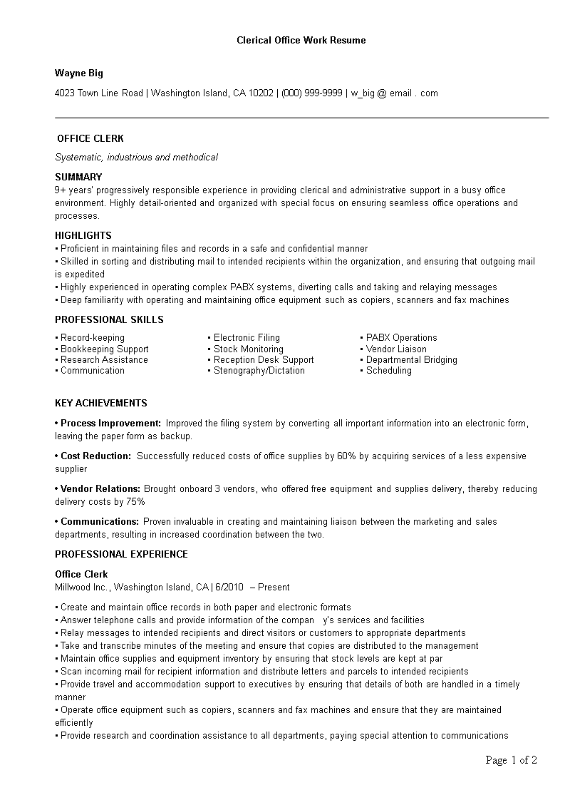 clerical office work resume template