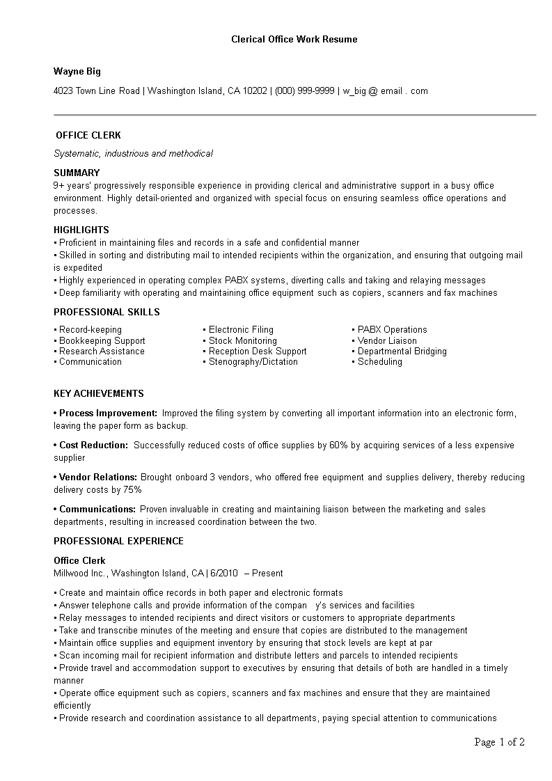 clerical office work resume plantilla imagen principal