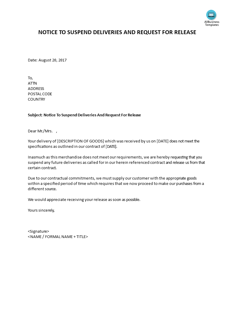 notice to suspend deliveries and request for release Hauptschablonenbild