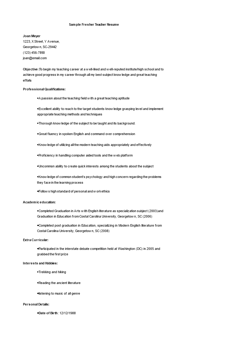 fresher teacher resume model plantilla imagen principal