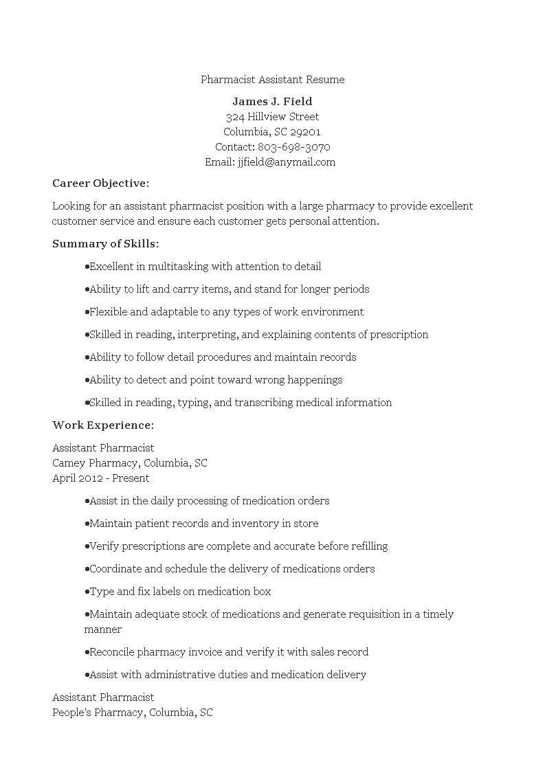 pharmacist assistant resume template