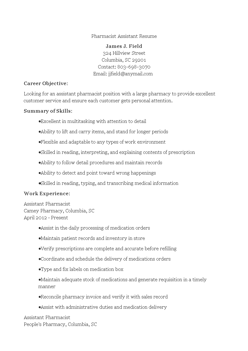 Pharmacist Assistant Resume 模板