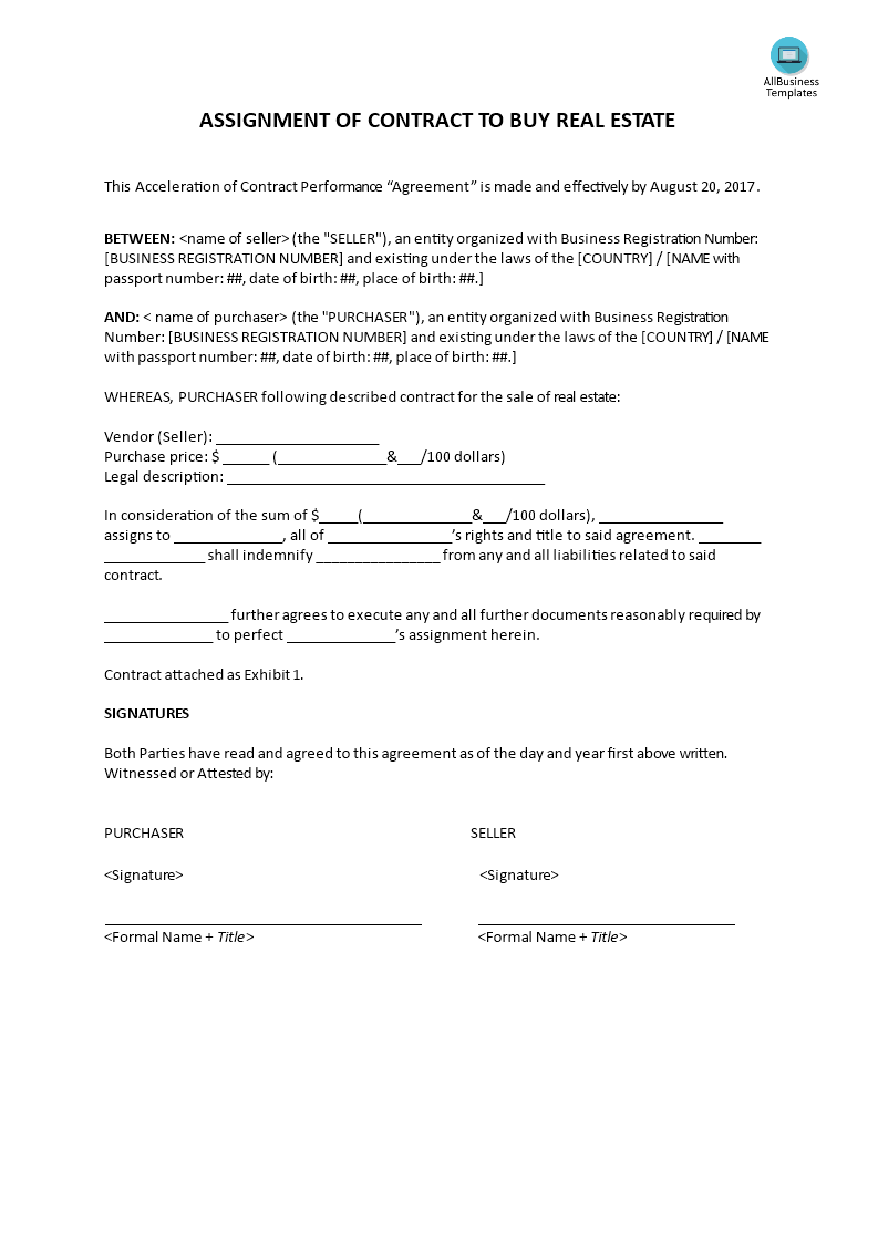 assignment of contract to buy real estate modèles