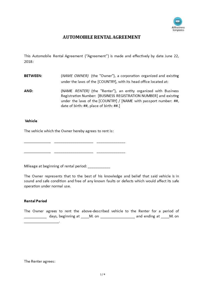 Automobile Rental Agreement main image