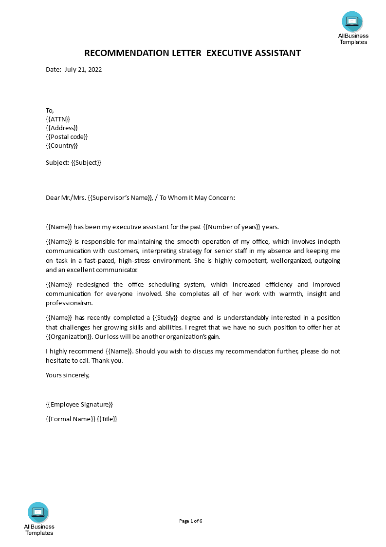 sample executive assistant recommendation letter template