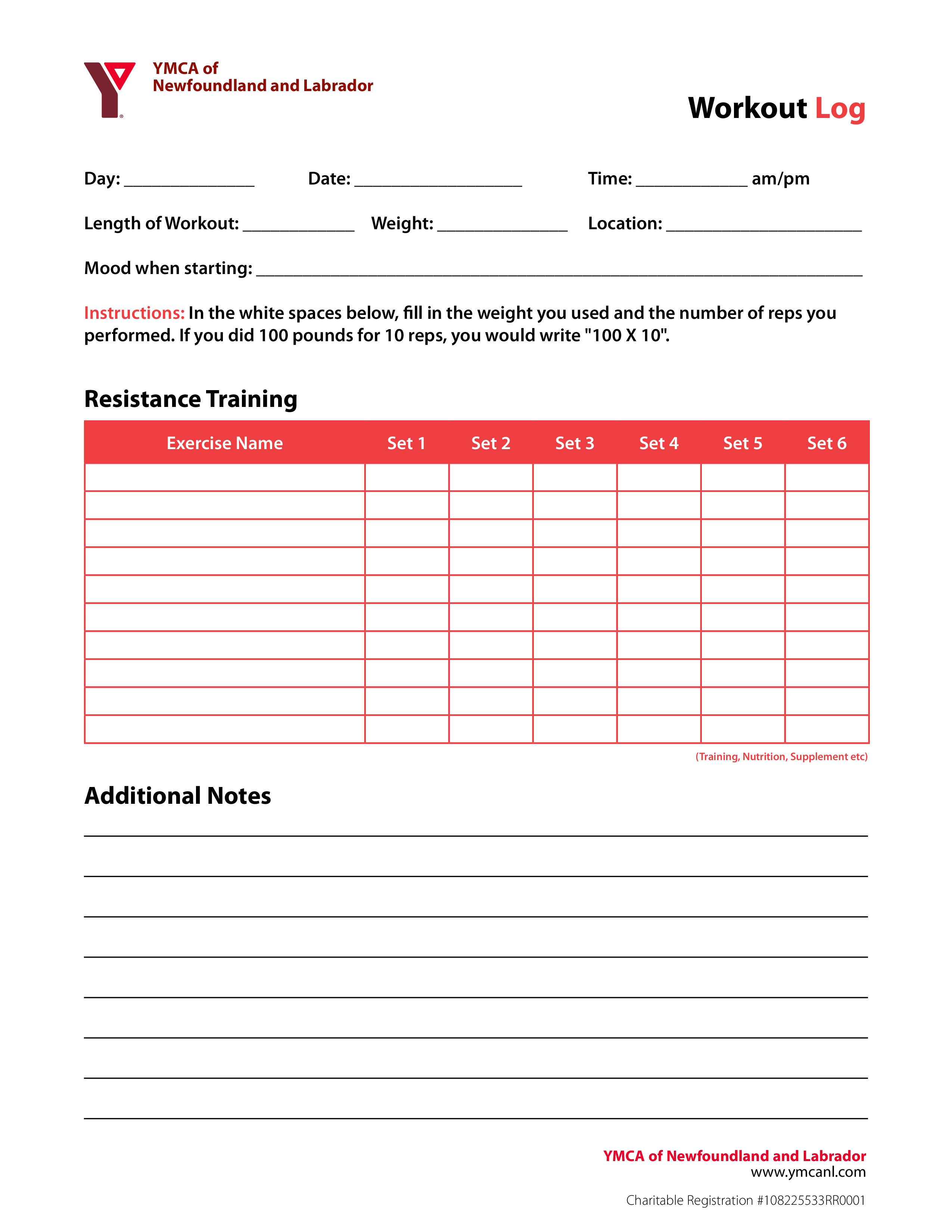 printable training workout log template