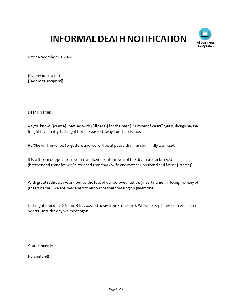 informal death notification voorbeeld afbeelding 