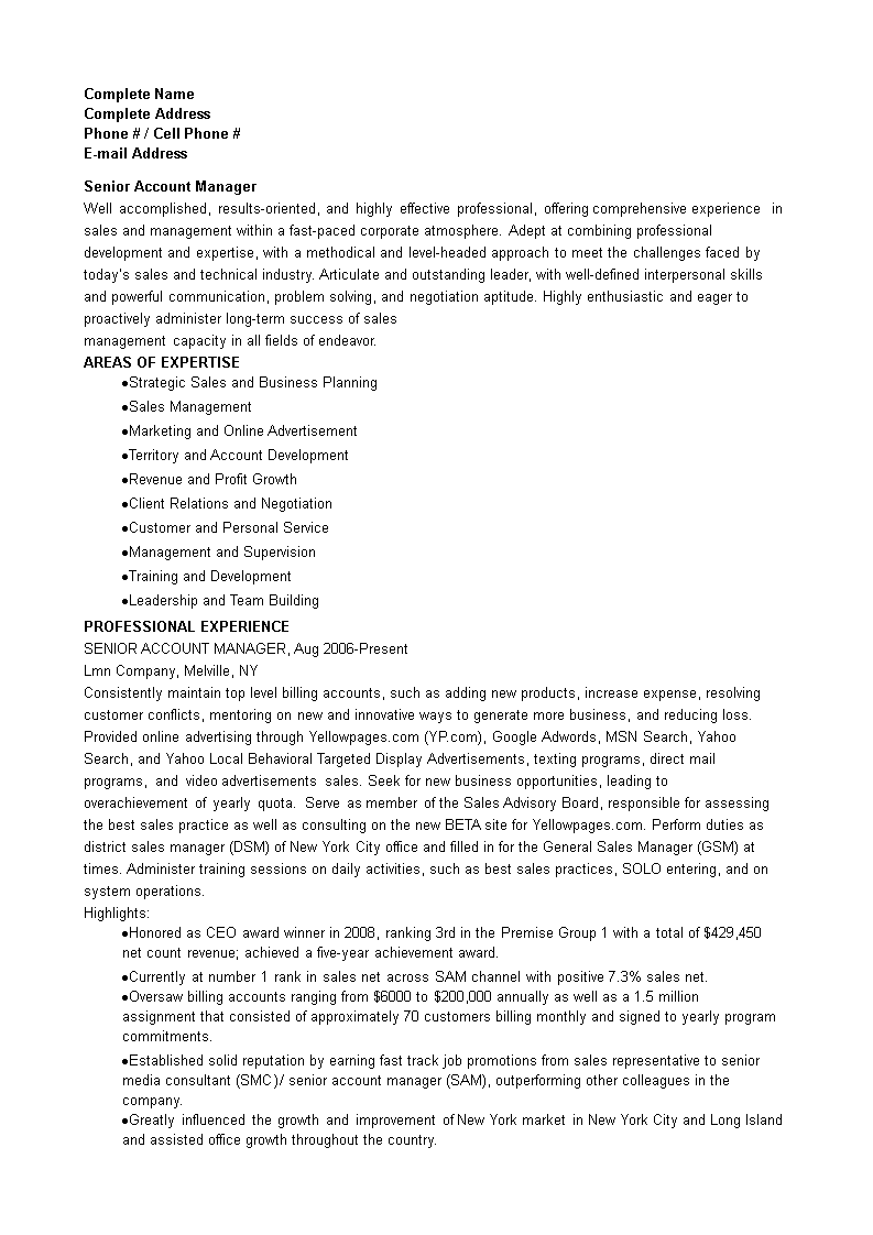 senior account manager resume template