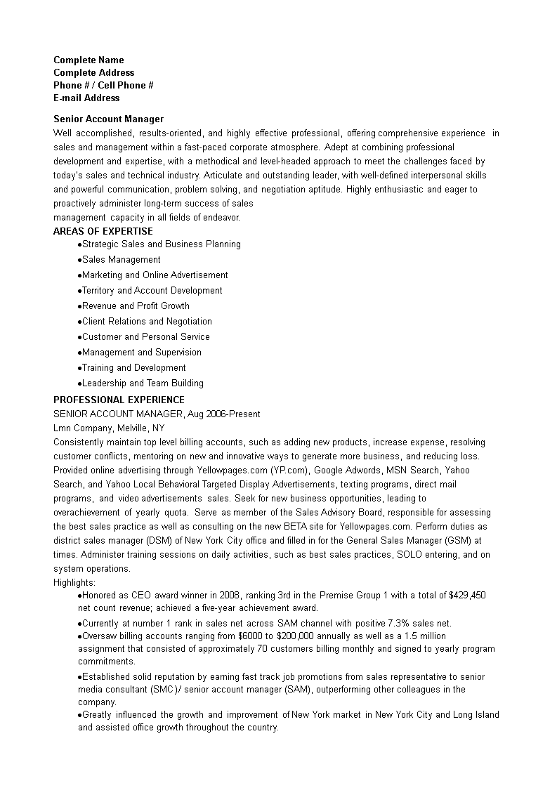 senior account manager resume modèles