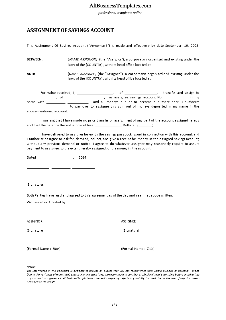 assignment of savings account form template