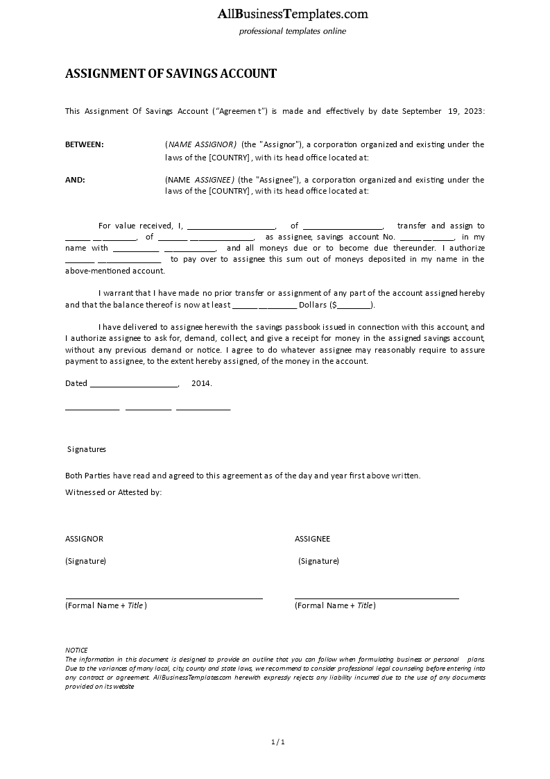 assignment of savings account form plantilla imagen principal