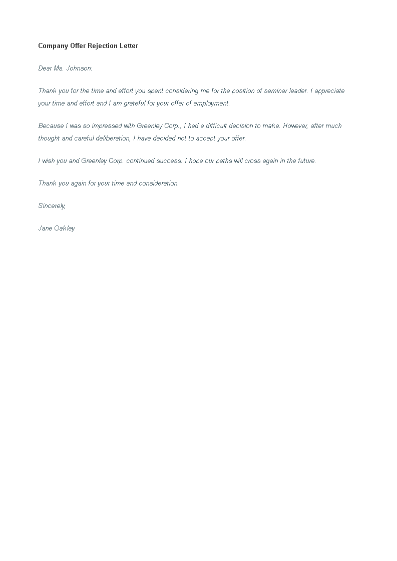 company offer rejection letter template